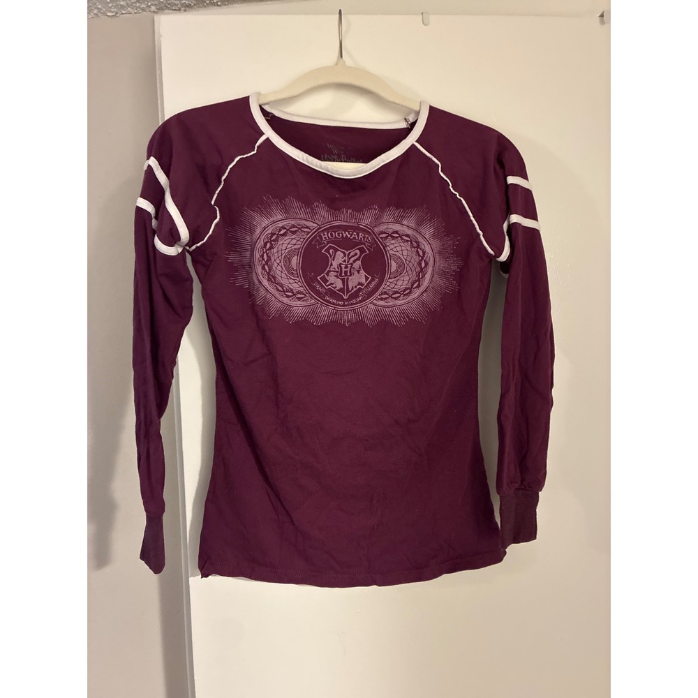 Harry Potter Hogwarts Crest Maroon Raglan Long Sleeve Graphic Tee Shirt Small